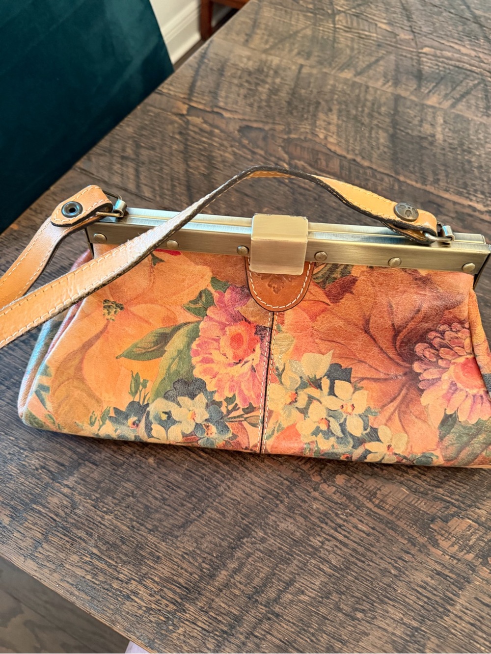 Patricia Nash Ferrara Leather Floral Frame-Satchel Bronze Push Lock Clasp